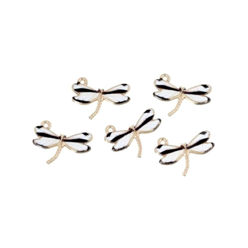 Charms, Dragonfly, Single-Sided, Golden, White, Black, Enameled, Alloy, 22mm - BEADED CREATIONS