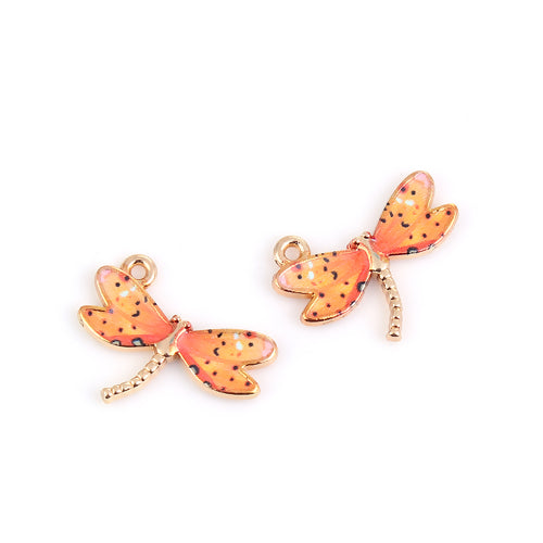 Charms, Dragonfly, Single-Sided, Golden, Yellow, Orange, Enameled, Alloy, 22mm - BEADED CREATIONS