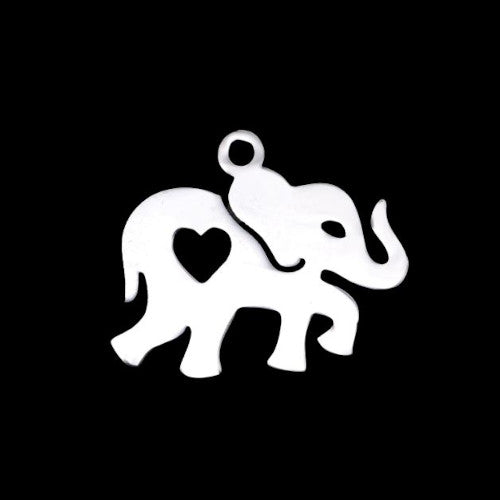 Charms, Elephant, Stainless Steel, Laser-Cut, With Heart, Silver, 15mm - BEADED CREATIONS