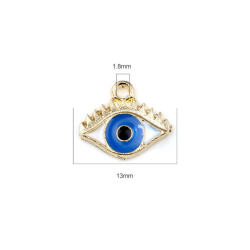 Charms, Evil Eye, Blue, Enameled, Gold Plated, Alloy, 13mm - BEADED CREATIONS
