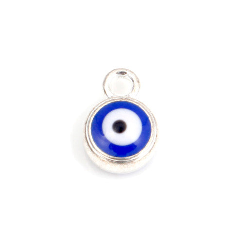 Charms, Evil Eye, Nazar, Blue, Round, Resin, Antique Silver, Alloy, 9.5mm - BEADED CREATIONS