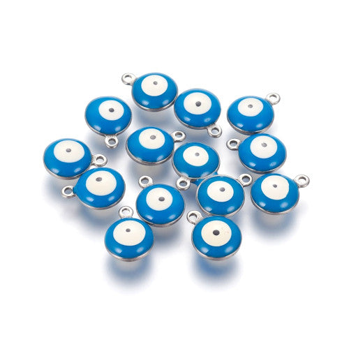 Charms, Evil Eye, Nazar, Round, 304 Stainless Steel, Silver Tone, Sky Blue, Enamel, 13mm - BEADED CREATIONS