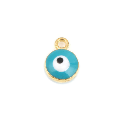 Charms, Evil Eye, Round, Blue, Enameled, Golden, Alloy, 9mm - BEADED CREATIONS