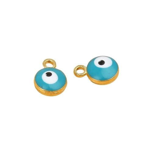 Charms, Evil Eye, Round, Blue, Enameled, Golden, Alloy, 9mm - BEADED CREATIONS