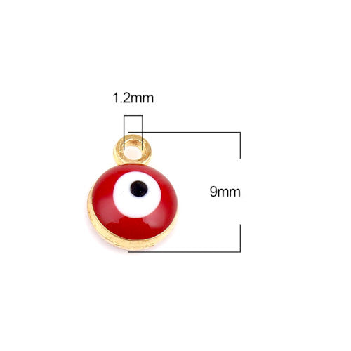 Charms, Evil Eye, Round, Red, Enameled, Golden, Alloy, 9mm - BEADED CREATIONS