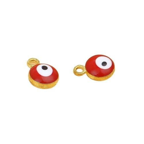 Charms, Evil Eye, Round, Red, Enameled, Golden, Alloy, 9mm - BEADED CREATIONS