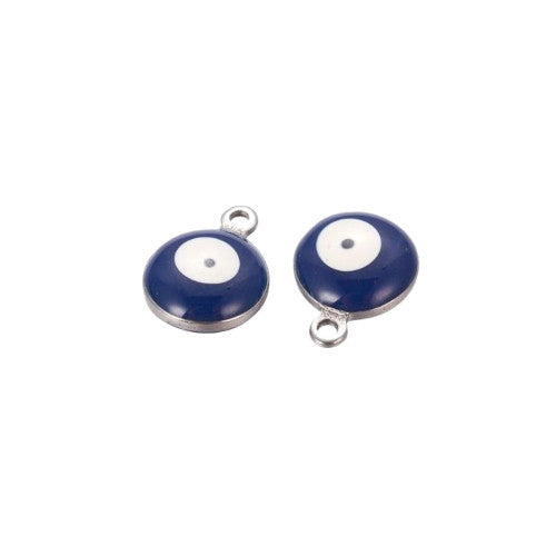 Charms, Evil Eye, Round, Stainless Steel, Midnight Blue, Enamel, 13mm - BEADED CREATIONS