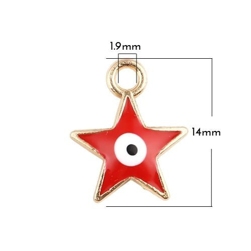 Charms, Evil Eye, Star, Double-Sided, Red, Enameled, Golden Alloy, 14mm - BEADED CREATIONS