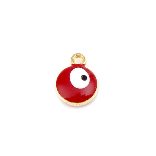 Charms, Evil Eye, Round, Red, Enamel, Gold Plated, Alloy, 13mm - BEADED CREATIONS