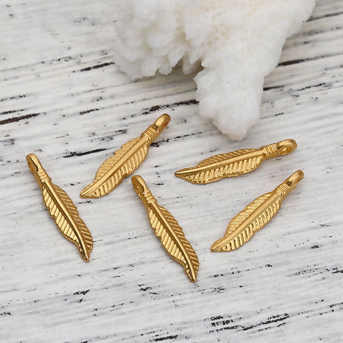 Charms, Feather, Matte Gold Plated, Alloy, 19mm- BEADED CREATIONS