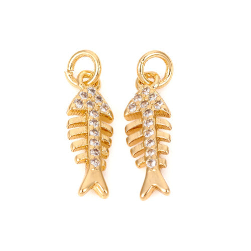 Charms, Fish-Bone, Fish Skeleton, Micro Pave Cubic Zirconia, With Jump Ring, Clear, Golden, Brass, 14.7mm - BEADED CREATIONS