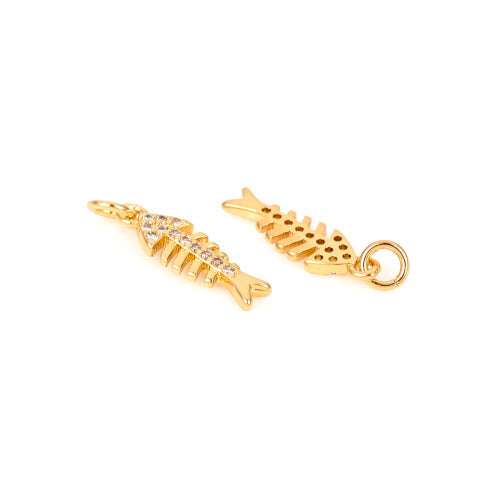 Charms, Fish-Bone, Fish Skeleton, Micro Pave Cubic Zirconia, With Jump Ring, Clear, Golden, Brass, 14.7mm - BEADED CREATIONS