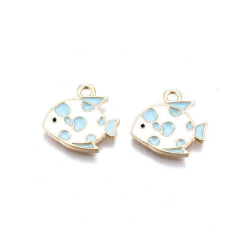 Charms, Fish, Single-Sided, Blue, Enameled, Gold Plated, Alloy, 15mm - BEADED CREATIONS