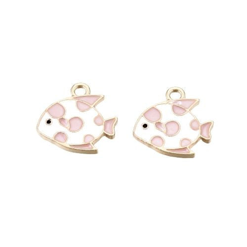 Charms, Fish, Single-Sided, Pink, Enameled, Gold Plated, Alloy, 15mm - BEADED CREATIONS
