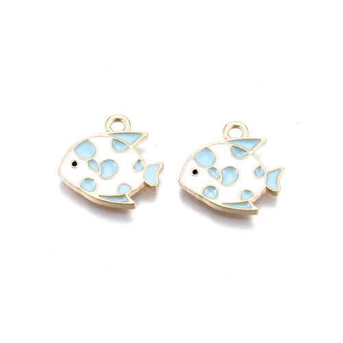 Charms, Fish, White, Sky Blue, Enamel, Light Gold, Alloy, 15mm - BEADED CREATIONS