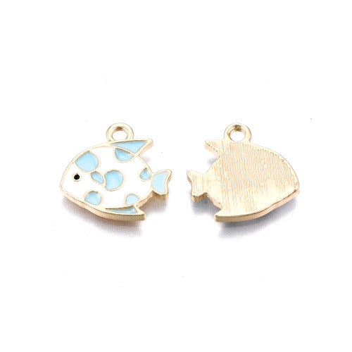 Charms, Fish, White, Sky Blue, Enamel, Light Gold, Alloy, 15mm - BEADED CREATIONS