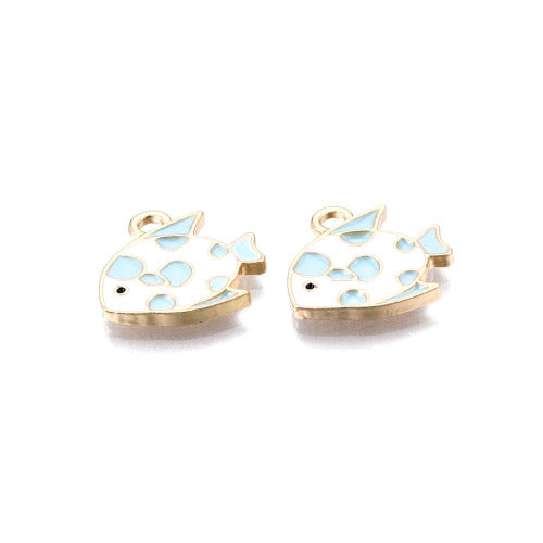 Charms, Fish, White, Sky Blue, Enamel, Light Gold, Alloy, 15mm - BEADED CREATIONS