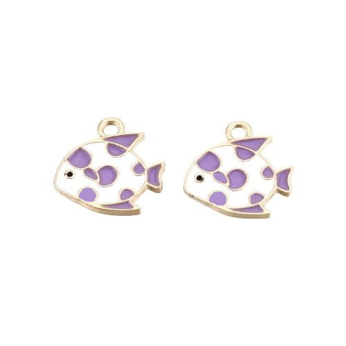 Charms, Fish, White, Lavender, Enamel, Light Gold, Alloy, 15mm - BEADED CREATIONS