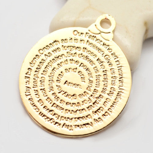 Charms, Flat, Round, Engraved, With Our Father Prayer, Words, Golden, Brass, 18.5x15mm - BEADED CREATIONS