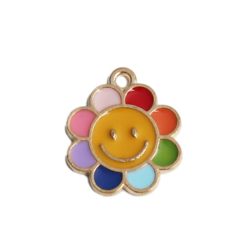Charms, Flower Smiley Face, Single-Sided, Enameled, Colorful, Gold Plated, Alloy, 16x19mm - BEADED CREATIONS