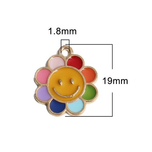 Charms, Flower Smiley Face, Single-Sided, Enameled, Colorful, Gold Plated, Alloy, 16x19mm - BEADED CREATIONS