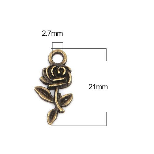 Charms, Flower, Rose, Single-Sided, Antique Bronze, Alloy, 21mm - BEADED CREATIONS