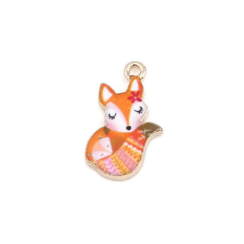 Charms, Fox, Gold Plated, Alloy, Orange, Pink, Enameled, 19mm - BEADED CREATIONS