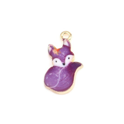 Charms, Fox, Gold Plated, Alloy, Purple, Enameled, 19mm - BEADED CREATIONS