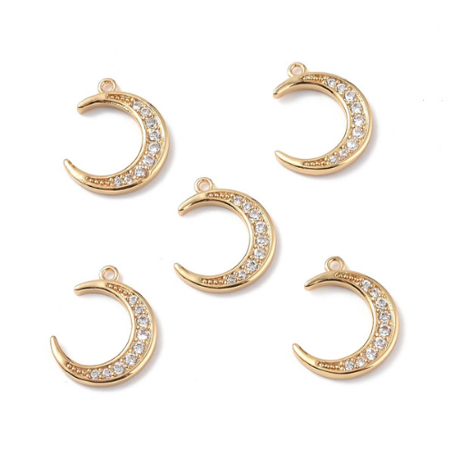 Charms, Half Moon, Micro Pave, 18K Gold Plated, Brass, 14.5mm - BEADED CREATIONS