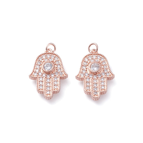 Charms, Hamsa Hand, Single-Sided, Micro Pave Cubic Zirconia, With Soldered Jump Ring, Rose Gold, Brass, 18mm - BEADED CREATIONS