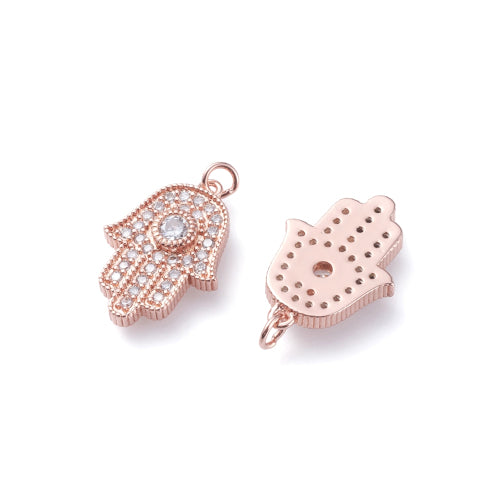 Charms, Hamsa Hand, Single-Sided, Micro Pave Cubic Zirconia, With Soldered Jump Ring, Rose Gold, Brass, 18mm - BEADED CREATIONS