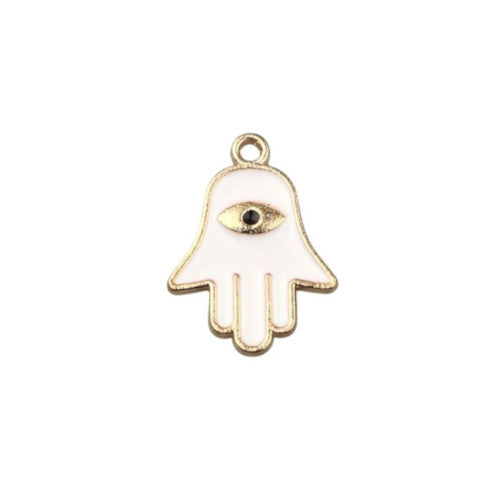 Charms, Hamsa Hand, White, Enamel, Light Gold Alloy, 21mm - BEADED CREATIONS