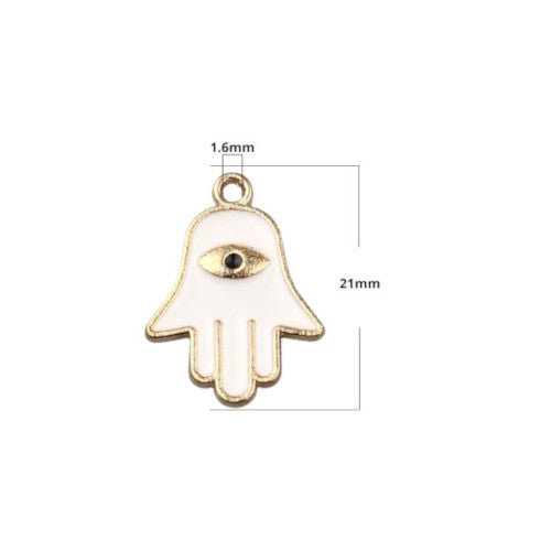 Charms, Hamsa Hand, White, Enamel, Light Gold Alloy, 21mm - BEADED CREATIONS