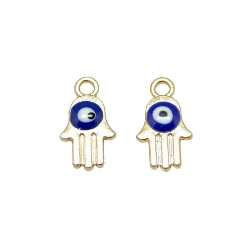 Charms, Hamsa Hand, With Evil Eye, Blue, Enamel, Gold Plated, 14.5mm - BEADED CREATIONS