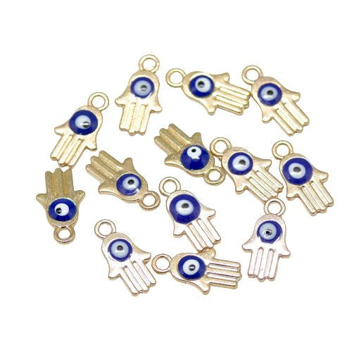 Charms, Hamsa Hand, With Evil Eye, Blue, Enamel, Gold Plated, 14.5mm - BEADED CREATIONS