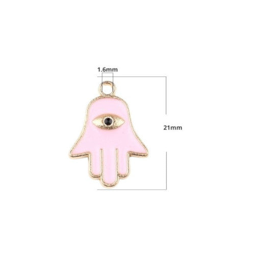 Charms, Hamsa, Hand, Symbol, Pink, Enameled, Light Gold Alloy, 15x21mm - BEADED CREATIONS
