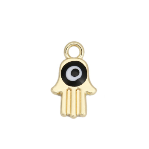 Charms, Hamsa Hand, With Evil Eye, Black, Enamel, Gold Plated, 14mm - BEADED CREATIONS