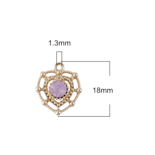 Charms, Heart, Cut-Out, Beaded, Single-Sided, Gold Plated, Alloy, Pink, Rhinestone, 18mm - BEADED CREATIONS