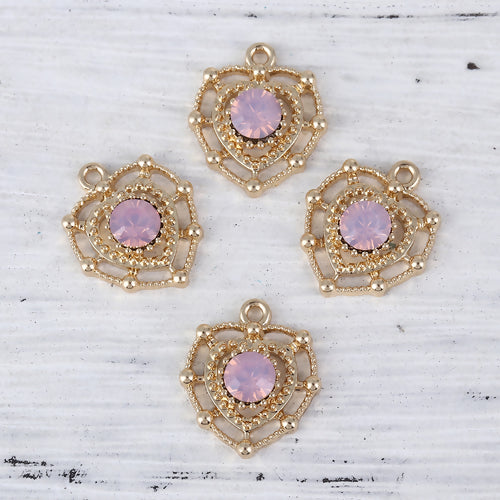Charms, Heart, Cut-Out, Beaded, Single-Sided, Gold Plated, Alloy, Pink, Rhinestone, 18mm - BEADED CREATIONS
