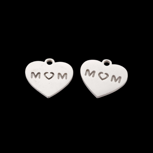 Charms, Heart, Etched, With Word Mom, Silver, Stainless Steel, 13mm - BEADED CREATIONS