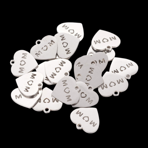 Charms, Heart, Etched, With Word Mom, Silver, Stainless Steel, 13mm - BEADED CREATIONS