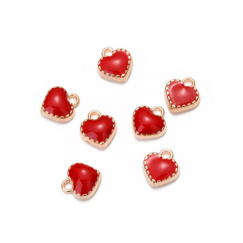 Charms, Heart, Single-Sided, Light Gold, Red, Enameled, Alloy, 8mm - BEADED CREATIONS