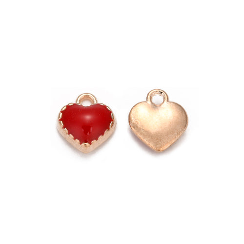 Charms, Heart, Single-Sided, Light Gold, Red, Enameled, Alloy, 8mm - BEADED CREATIONS