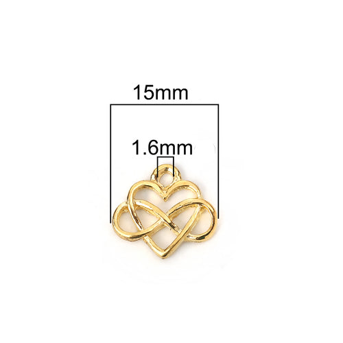 Charms, Heart, With Infinity Symbol, Gold Plated, Alloy, 15mm - BEADED CREATIONS