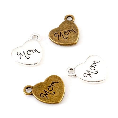 Charms, Heart, With Word "MOM", Alloy, 15mm - BEADED CREATIONS