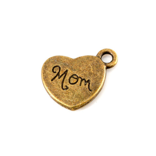 Charms, Heart, With Word "MOM", Alloy, 15mm, Antique Bronze - BEADED CREATIONS