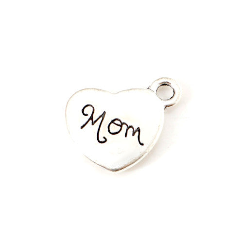 Charms, Heart, With Word "MOM", Alloy, 15mm, Antique Silver - BEADED CREATIONS