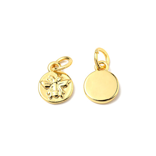 Charms, Honey Bee, Flat, Round, With Jump Ring, Gold Plated, Brass, 10mm - BEADED CREATIONS