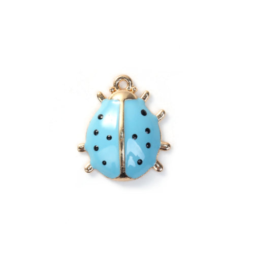 Charms, Ladybug, Sky Blue, Enamel, Gold Plated, Alloy, 17mm - BEADED CREATIONS