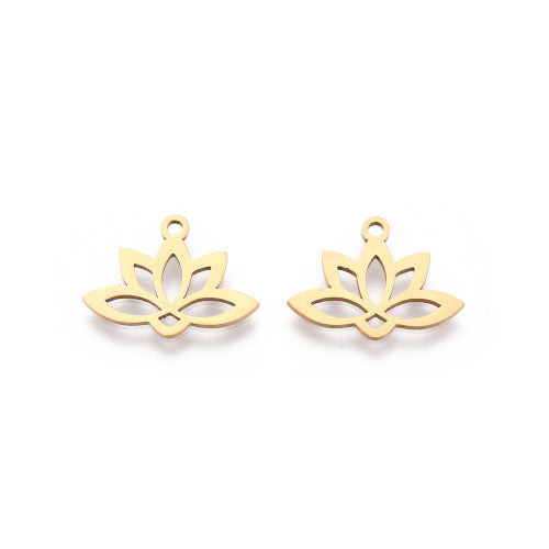 Charms, Lotus Flower, Laser-Cut, Stainless Steel, 18K Gold Plated, 14mm - BEADED CREATIONS